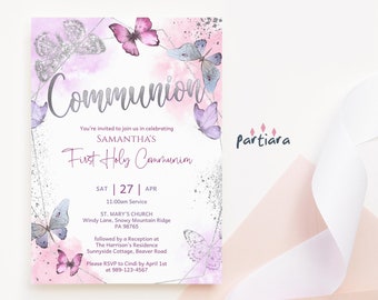 Girls Communion Invitation Butterfly Pink Silver First Holy Communion Invites Printable Pastel Lilac Decor Editable Digital Download P713