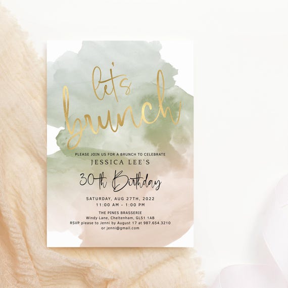Brunch Invitation Template: Birthday Brunch Party Invite Printable for Her - Sage Green and Gold P731