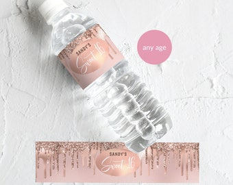 16th Birthday Water Bottle Labels Rose Gold Glitter Party Favors Bottle Label Wraps DIY Editable Digital Download Printable Table Decor