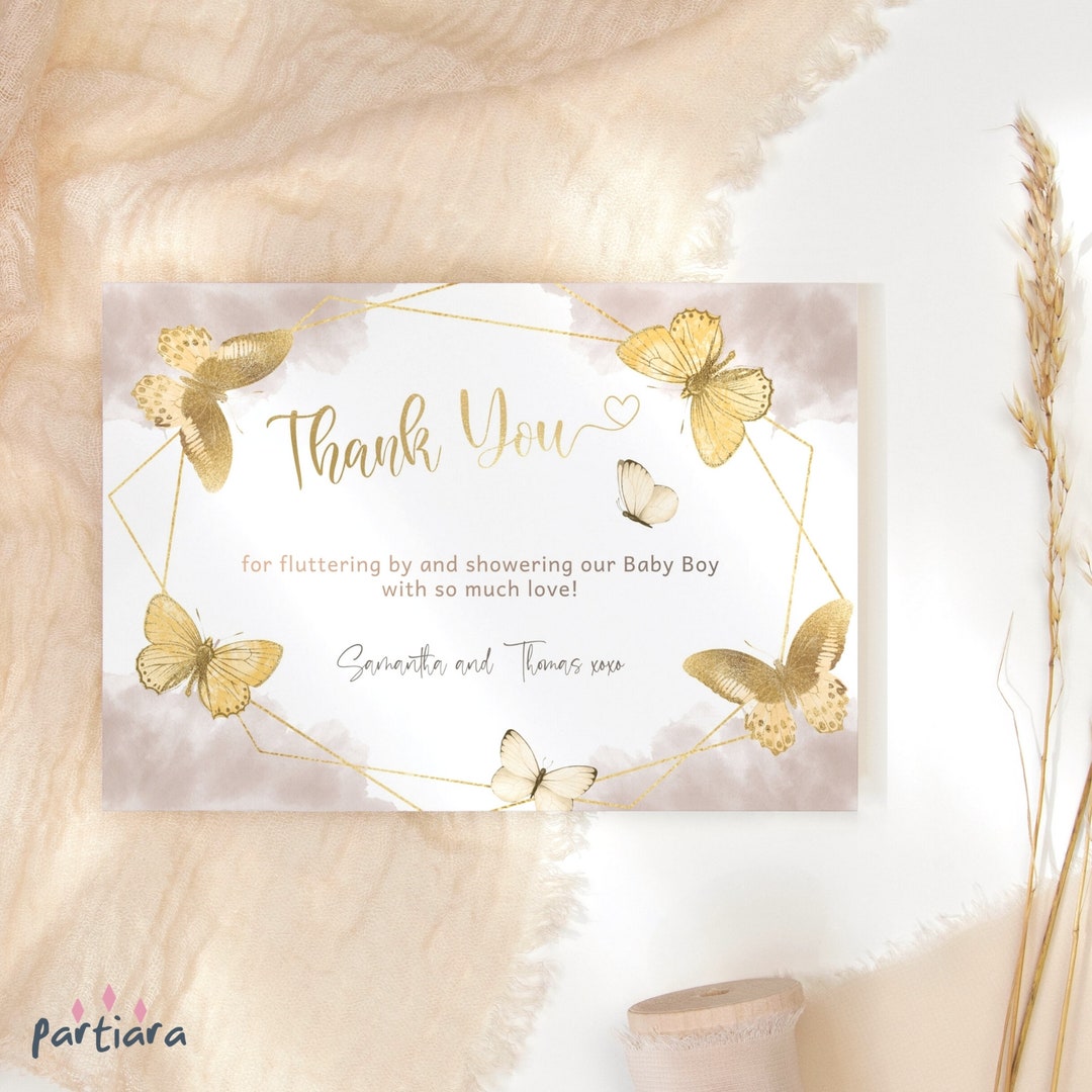 Neutral Butterfly Baby Shower Thank You Card Gender Neutral Boy Girl