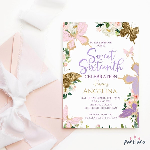 16th Birthday Invite Butterfly Party Invitations Girls Sweet Sixteenth Blush Pink Purple Lilac Gold Floral Printable Editable Download P328