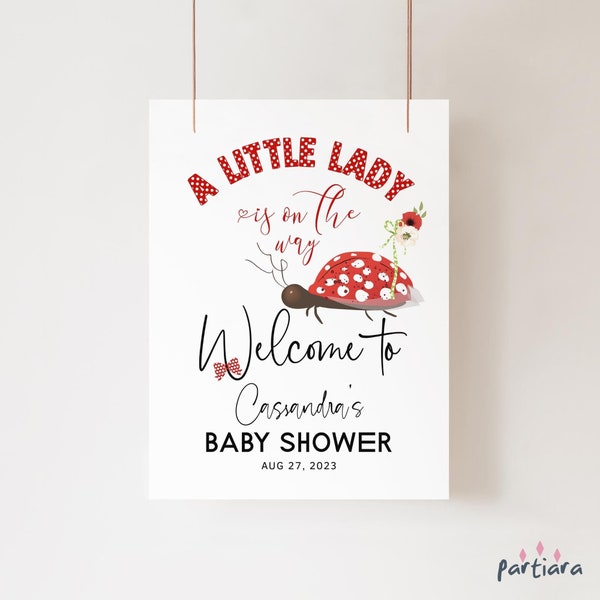 A Little Lady Ladybug Welcome Sign Girl Baby Shower Party Bug on the Way Printable Black Red Floral Decor Editable Digital Download P65