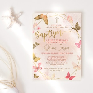 Schmetterling Taufeinladung für Mädchen, Boho 1. Geburtstag gemeinsame Party einladen druckbare, Pfirsich rosa Schmetterlinge Karte, editierbarer Download P130