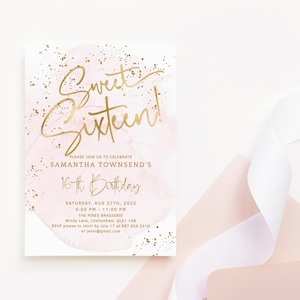 Sweet Sixteen Invites Girls 16th Birthday Dinner Disco Party Invitation Printable Blush Pink Gold Confetti Decor Editable Download P249