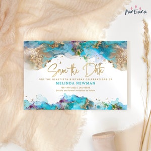 Speichern Sie das Datum Geburtstag, Teal Save the Date Kartenvorlage 60. Abendessen Meilenstein Party druckbar, blau Gold Strand Thema Dekor, bearbeitbar P243