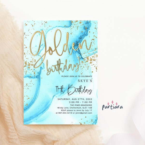 Sky Blue Golden Birthday Invitation Printable Girl's Lucky Party Gold Sprinkles Invite Editable Digital Download Template P132 P296