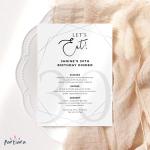 Modèle de menu d'anniversaire homme ou femme 30e, 40e, 50e, 60e, dîner, modèle de menus de table modifiable tout blanc, argent, décor P86