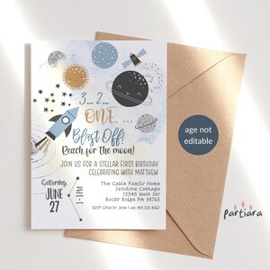 Space 1st Birthday Invitation, 3-2-1 Reach for the Moon Invite Printable for Boys, Planets Sun Moon and Stars Decor, Editable Template P166