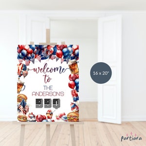 4th July BBQ Party Welcome Sign Printable Red White and Blue Independence Day Welcome Poster Decor Editable Digital Download Template P804