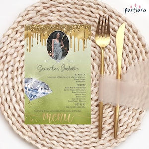 Karta menu urodzinowego Diamond Ladies Olive Green Gold Photo Dinner Party Table Menus do wydrukowania Edytowalny cyfrowy szablon do pobrania P106 P651