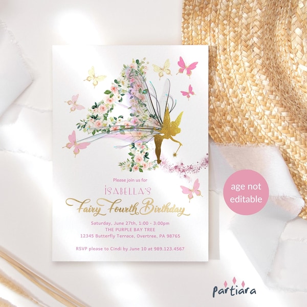 Fairy 4th Birthday Invite Girls Butterfly Floral Party Invitation Blush Pink Lilac Gold Decor Editable Digital Download Printable P276