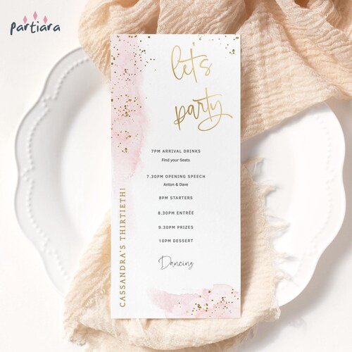 Programa de cumpleaños rosa imprimible: Itinerario editable de fiesta para niñas - Decoración de mesa en tonos dorados pastel P249