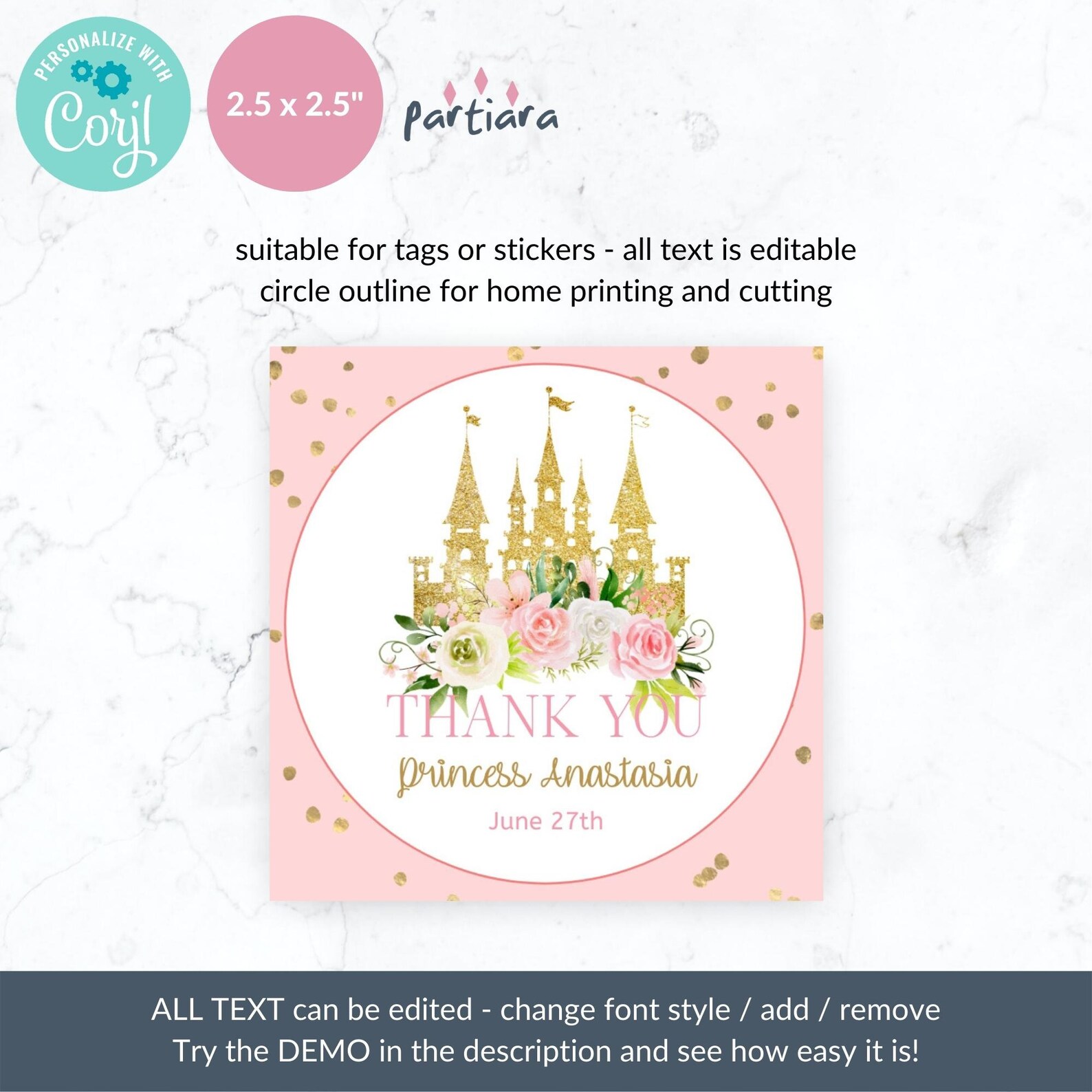 Editable Princess Favor Tag Girl 1st Birthday Thank You Gift - Etsy