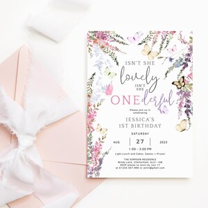 Floral 1st Birthday Invitation, Onederful Party Invite Template, Wildflower Butterfly Garden Printable, Editable Digital Download P256