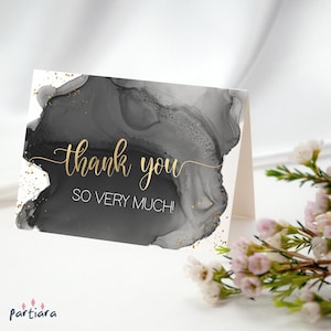 Birthday Thank You Card Black and Gold Decor Party Printable, Men or Ladies Dinner Notecards, Editable Digital Download Template P268