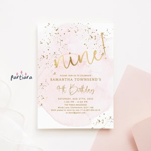 Girls 9th Birthday Invitation Pink Party Printable, Pastel Gold Cloud Nine Invite, Editable Digital Download Template P249