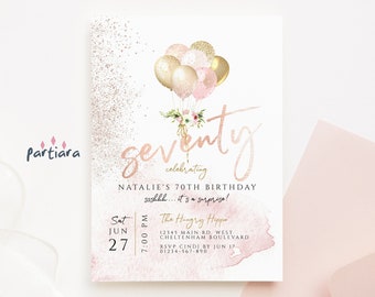 70th Birthday Printable Invites Bohemian Surprise Party Invitation Editable Blush Pink Balloons Rose Gold Floral Decor Download P10