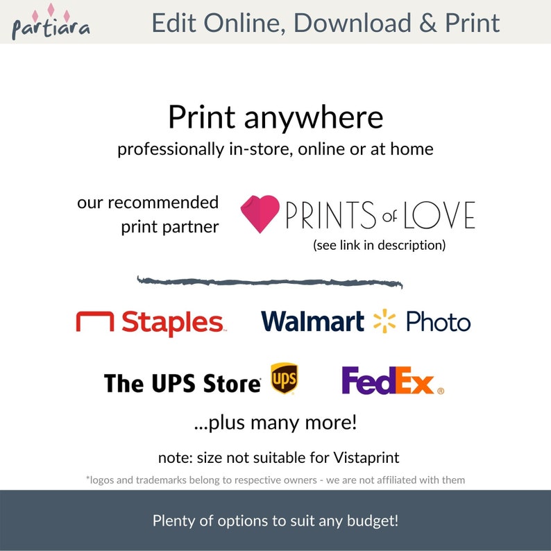 Pu&ograve; includere: Una grafica con il testo "Stampa ovunque" e un elenco di rivenditori di stampa popolari, tra cui Staples, Walmart, The UPS Store, FedEx e altri. Il testo "...pi&ugrave; molti altri!" &egrave; incluso. La grafica include anche il testo "il nostro partner di stampa consigliato PRINTS of LOVE (vedi link nella descrizione)".