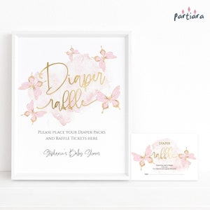 Blush Windel Raffle Zeichen Schmetterling Baby Shower Party Tisch Poster Raffle Ticket Bundle für Mädchen Rosa und Gold Schmetterlinge Bearbeitbar P293