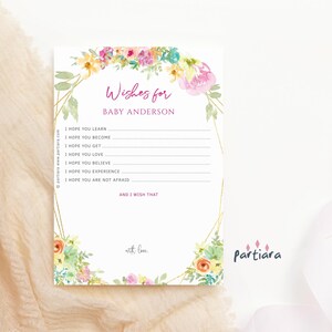 Blumenwünsche für Babykartenvorlage, Frühlings-Babypartyspielkarte druckbar für Mädchen, Pastellblumendekor, bearbeitbarer digitaler Download P310
