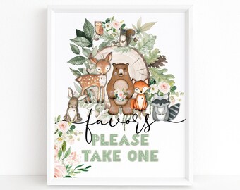 Baby Shower Woodland Animal Favors Sign Printable Girl Blush Pink Floral Greenery Rustic Table Poster Decoration Editable Download P124