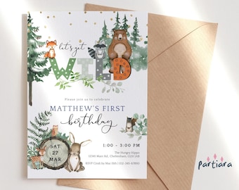 Lets Get Wild 1st Birthday Invite Woodland Animals Invitation Boy Printable Rustic Forest Greenery Decor Editable Digital Download P124