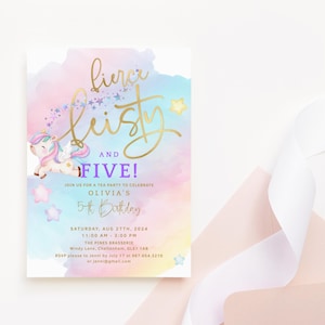 Unicorn Birthday Invitation, 5th Birthday Girl Party Invite Printable, Fierce Feisty and Five, Rainbow Editable Digital Download P179