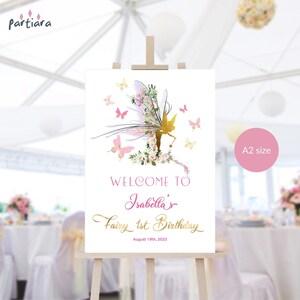 Fairy Birthday Welcome Sign, Fairies 1st Birthday Party Welcome Poster Board Printable, Pink Floral Butterflies Decor Editable Download P376