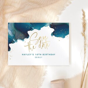 Teal Save the Date Karten Editierbar 16. Geburtstag Party Ankündigung Laden Karte Digitaler Download Blau Gold Grün DIY Printable P231