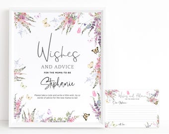 Wishes and Advice Butterfly Baby Shower Sign and Notecard Set Printable, Ladies Birthday or Retirement Poster Floral Decor, Editable P256