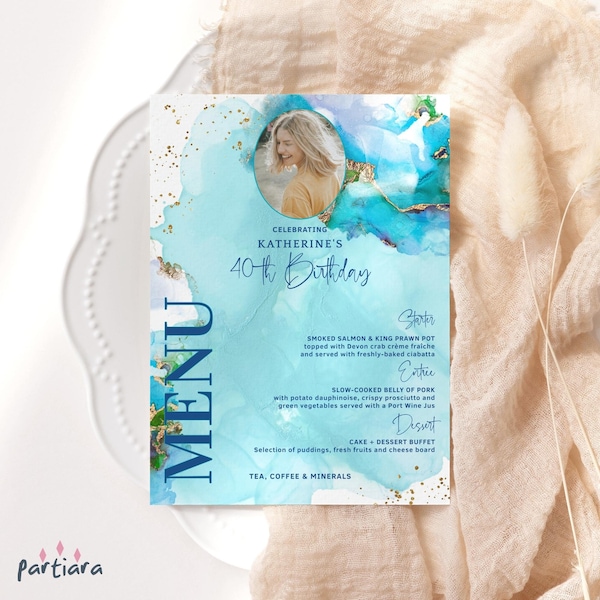 Blue Gold Menu Card Editable Template Ladies Birthday Party Photo Menu Printable Download Turquoise Sky Teal Purple Tables Decor P132 P243