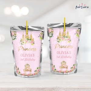 Princess Juice Labels Birthday Party Fairytale Personalised Juice Pouch Label Editable Template Pink Gold Castle Decor Printable P137