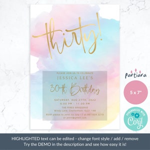 May include: A 5x7 inch invitation with a watercolor background in shades of pink, blue, and yellow. The text "thirty!" is written in gold script. The invitation is for Jessica Lee's 30th birthday party, which will be held on Saturday, August 27th, 2022, from 6:00 PM to 11:00 PM at The Pines Brasserie. The invitation includes the address and RSVP information.