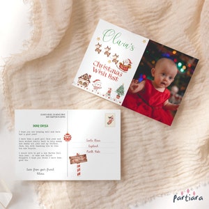 Babys Weihnachtswunschliste Postkarte für Weihnachtsmann, Weihnachtsbrief druckbare Fotovorlage, bearbeitbarer Junge Mädchen digitaler Download P191
