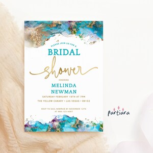 Bridal Shower Invite Teal Blue and Gold Beach Themed Wedding Shower Party Invitation Printable, Editable Digital Download Template P243