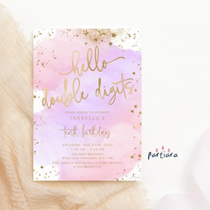 Disco 10th Birthday Invitation Instant Download Hello Double Digits Girl Pink Lilac Gold  Party Invite Printable Editable Digital Flyer P806