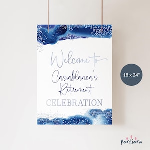 Retirement Party Welcome Sign Printable Men or Ladies Editable Digital Download Template Royal Blue and Silver Decor Poster 18x24 P237