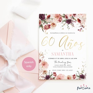 Spanish 60th Birthday Invitation Printable Ladies Floral Blush Pink Burgundy Red and Gold Party Invite Editable Template Corjl Download P173