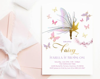 1st Birthday Invite Fairy First Tea Party Invitation Pink Purple Butterfly Decor Printable Editable Digital Download P276