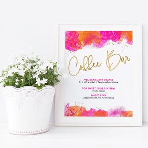 Placa de cafeteria, modelo de pôster para mesa de cardápio de festa tropical, decoração feminina em rosa choque e laranja, download digital editável P200
