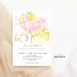 Plantilla editable de invitación de cumpleaños rosa y amarilla, globos imprimibles para el primer cumpleaños de niña, tarjeta Corjl de descarga digital P531