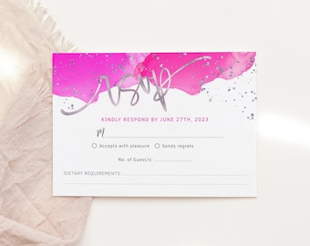 Birthday RSVP Card Template, Hot Pink Invitation Insert Cards Printable, Teen Girls or Ladies Events Response Card, Hot Pink Editable P200