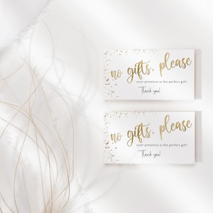 Geen cadeaus insteekkaart DIY bewerkbare sjabloon, uitnodiging voor volwassen verjaardagsfeestje invoegen afdrukbare, volledig witte en gouden confetti decor downloaden