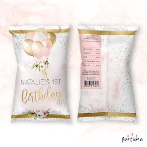 Girls Birthday Chip Bag Labels Printable, 1st Birthday Party Favors Template, Pink Gold Balloons Decor, Editable Digital Download P344