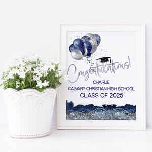 Graduation Sign, Blue Grad Party Table Poster Printable, Boys Class of 2025 Dessert Table Decor, Silver Balloons, Editable Template P656