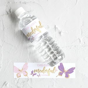 Onederful Water Bottle Label Template Girls 1st Birthday Party, Butterfly First Birthday Labels Printable, Pink Purple Decor, Editable P345
