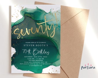 Invitation 70e anniversaire fête or vert émeraude, invitations imprimable pour femme, modèle P257 en téléchargement numérique pour homme