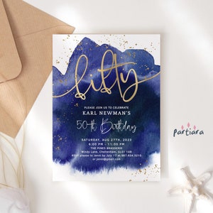 50th Birthday Invitation Royal Blue Gold Template, Men Turning 50 Party Invite Printable, Editable Digital Download Card P627