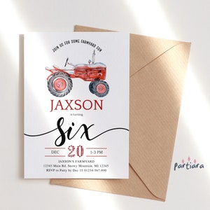Tractor Invitation 6th Birthday Party Printable, Red Farm or Barn Themed Invite for Boys, Winter Decor, Editable Digital Download P94