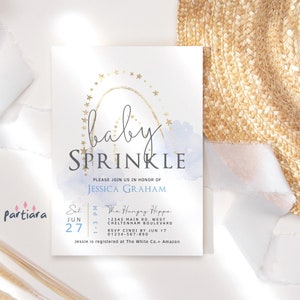 Boy Baby Sprinkle Invite, Rainbow Baby Shower Invitation Template, Pastel Blue Gold Rainbow Decor Printable, EditableDigital Download P136